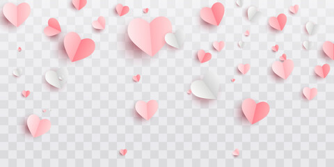 Valentines hearts postcard. Paper flying elements on transparent background. Vector symbols of love in shape of heart for Happy Women's, Mother's, Valentine's Day, birthday greeting card design. PNG	