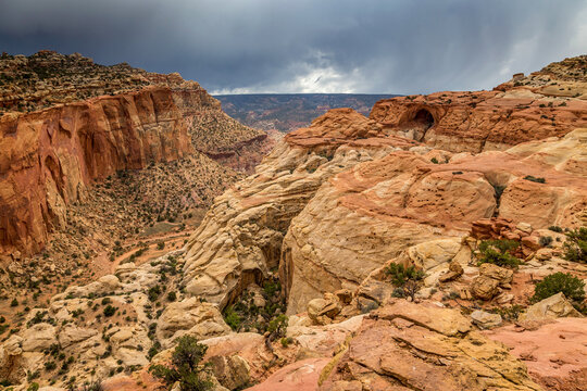 Cassidy Arch on a stormy day. Named for Butch Cassidy, this arch sits 400 feet above the Scenic Drive with sweeping views.