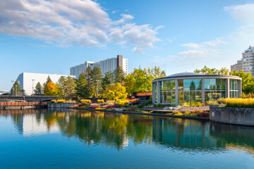 Autumn view along the Spokane River of Riverfront Park and the carousel in downtown Spokane, Washington, USA. © Kirk Fisher