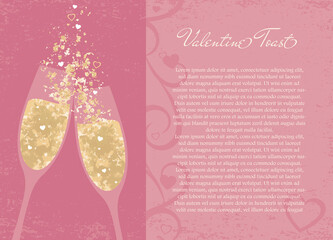 A golden champagne toast for Valentines, in a cut paper style with textures

