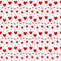 Romantic seamless pattern with a heart. Happy Valentine s Day. Red hearts, dots and stars on a white background.