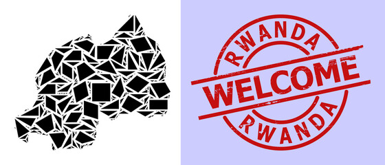 Simple geometric mosaic map of Rwanda with corroded stamp print. Red stamp includes Welcome tag inside round and lines shape. Vector mosaic map of Rwanda collage is constructed with chaotic triangles,