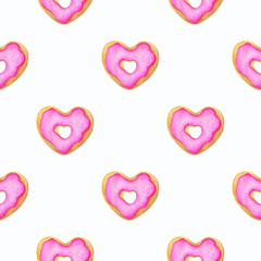 Donuts with pink frosting. A pattern with a watercolor illustration of a heart-shaped cookie. Seamless pattern on a white background. Print for fabric, textiles, stationery, paper and any design