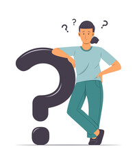 Woman Leaning Against a Question Mark and Thinking Question.