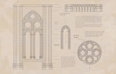 Gothic architecture. Vector illustration, drawing on old paper.