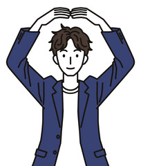 手でまるのジェスチャーをするオフィスカジュアルコーデの男性