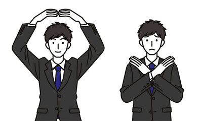 まるばつのジェスチャーをするスーツを着た20代・30代男性