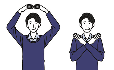 まるばつのジェスチャーをする40代・50代の男性