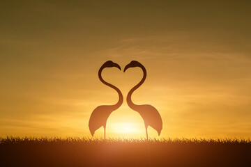 Silhouette of Flamingo in heart shape on grass field at sunset background.