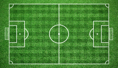 Naklejka premium Football stadium. Top view stripe grass soccer field. Green lawn with lines pattern for sport background.