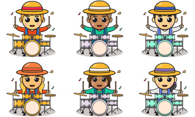 Vector illustration cartoon of cute Boy and Girl farmer playing Drum set. Design isolated flat cartoon style. Cartoon flat vector collection isolated on white background.