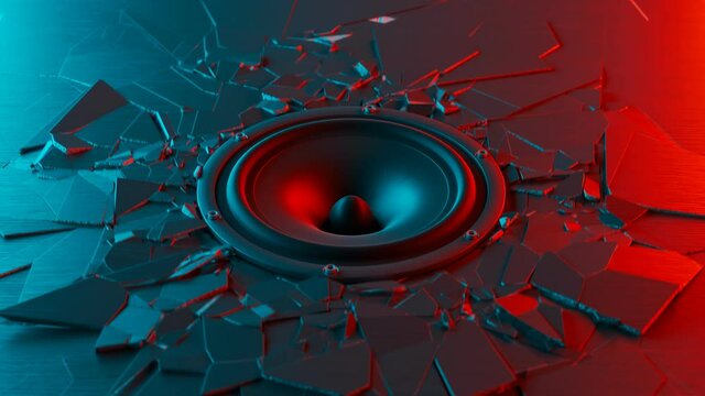 Black speaker making devastating loud sound force destruction. Power of music 4K