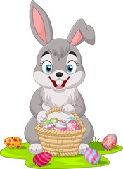 Cartoon little bunny with Easter eggs basket