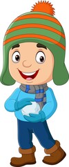 Cartoon little boy in winter clothes holding snowballs