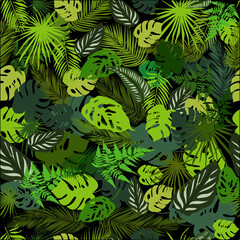 Exotic tropical natural green leaves seamless pattern. Background with different tropical palm leaves. Vector natural tropical wallpaper. Hand drawing