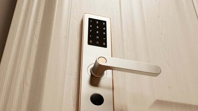 Elegant, metalic smart lock system installed on a wooden door. Password keypad