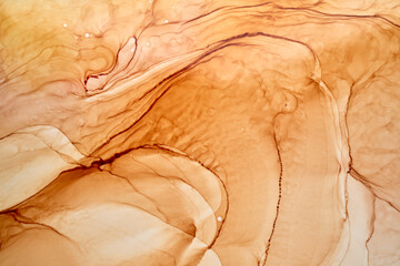 Abstract ocher ink watercolor background. Yellow orange brown paint stains and spots in water,...