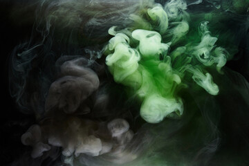Green smoke on black ink background, colorful fog, abstract swirling emerald ocean sea, acrylic paint pigment underwater © amixstudio