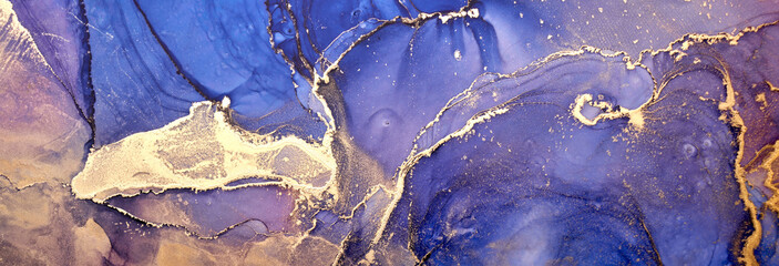 Luxury abstract background in alcohol ink technique, indigo blue gold liquid painting, scattered...