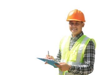 portrait of foreman construction worker on location new building site with crane in the background