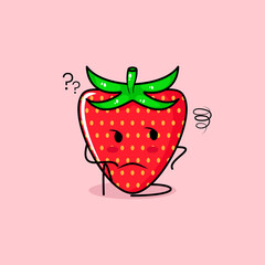 cute strawberry character with thinking expression and sit down. green and red. suitable for emoticon, logo, mascot