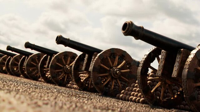 Endless looping animation of armed vintage cannons ready to shoot during war. 4K