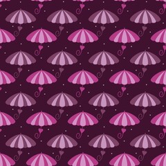 Fototapeta na wymiar Cartoon colorful pattern with umbrellas on burgundy background for textile design.