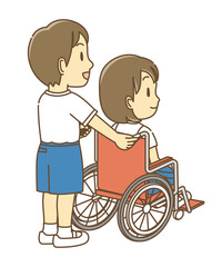友達の車椅子を押す児童(カラー)