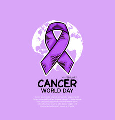 World Cancer Day Illustration Vector Design with purple ribbon and world map for Campaign