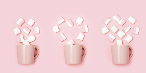 Romance holiday concept, pink mug or cup and marshmallows in shape of heart, declaration of love