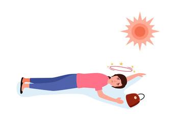 Young woman fainting under strong sunlight in flat design on white background. Dizziness symptom.