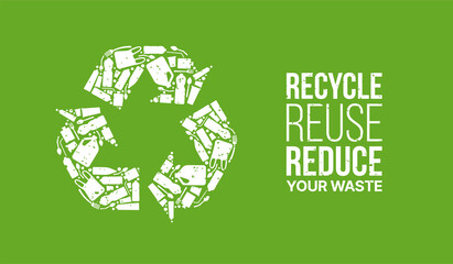 Recycle icon sign composed by plastic waste isolated on green background, Concept of recycle reuse reduce for ecological, zero waste and sustainability