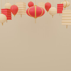 Chinese New Year. Chinese lantern festival of red and beige hanging chinese lantern on beige background. 3d rendering