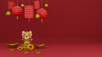 Chinese New Year Tiger symbol of 2022 year with chinese lantern on red background. 3d rendering