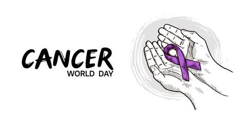 World Cancer Day Vector Design with hand holding ribbon illustration for campaign and poster