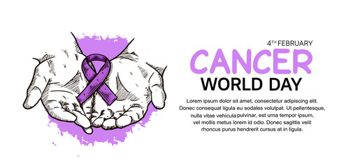 World Cancer Day Vector Design with hand holding ribbon illustration for campaign and poster