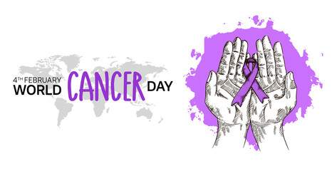 World Cancer Day Vector Design with hand holding ribbon illustration for campaign and poster