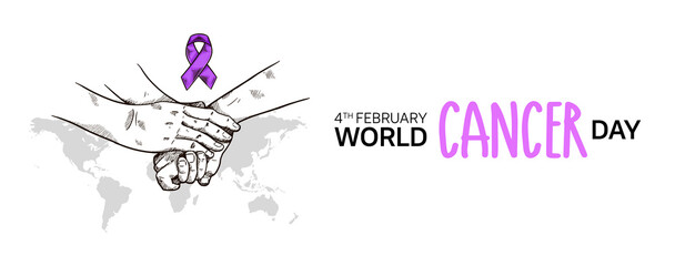 World Cancer Day Vector Design with hand giving ribbon illustration for campaign and poster