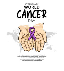 World Cancer Day Vector Design with hand holding ribbon illustration for campaign and poster