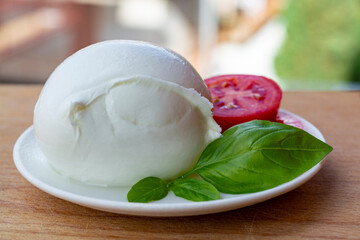 White ball of Italian soft cheese Mozzarella di Bufala Campana with fresh green basil and red tomato