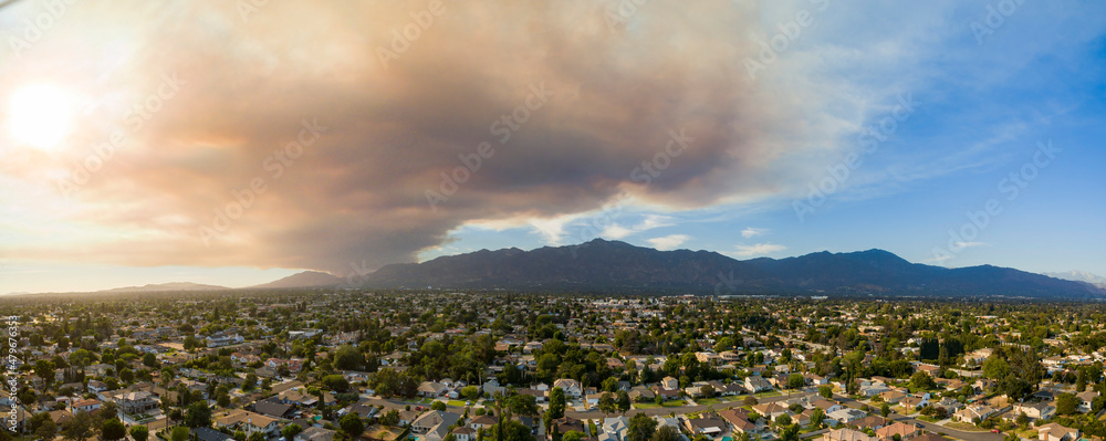 Sticker Sunny aerial view of big smoke cause by wildfire over Arcadia area