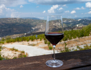 Wine industry of Cyprus island, tasting of red dry wine on winery with view on vineyards and south slopes of Troodos mountain range.