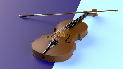 Fototapeta premium Brown-Gold classic violin on navy blue-sky blue plane under spot lighting background. 3D sketch design and illustration. 3D high quality rendering.