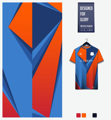 Soccer jersey pattern design. Geometric pattern on orange background for soccer kit, football kit or sports uniform. T-shirt mockup template. Fabric pattern. Abstract background. 