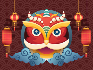 Chinese Lion Dance Mask Illustration with red color and hanging chinese traditional lamp. can be used for greeting card, invitation, poster, postcard, banner, web, print.