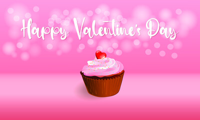 Cupcakes have a red heart on the side. topping with colorful round beads on a pink bokeh background.