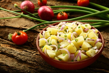 Organic potato salad with cheese and herbs. traditional vegetarian snack foods.