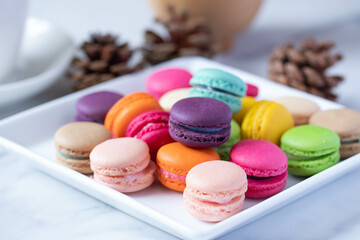 colorful macarons in white plate