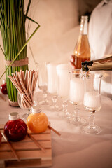 Wedding cocktail in an old French castle - fresh mango and strawberry juices, champagne 