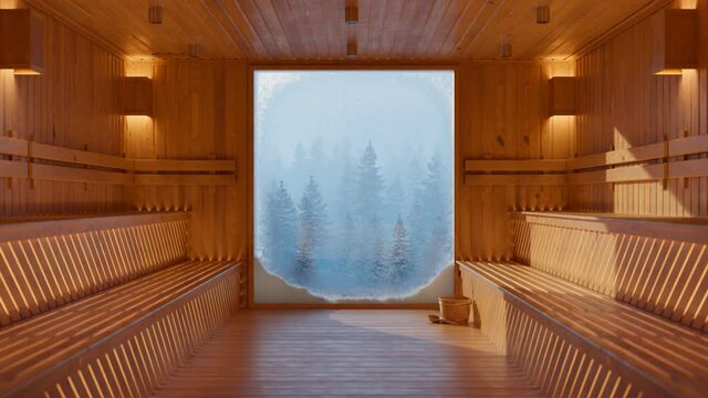 Beautiful, warm wooden sauna, big window with winter forest in the background 4K